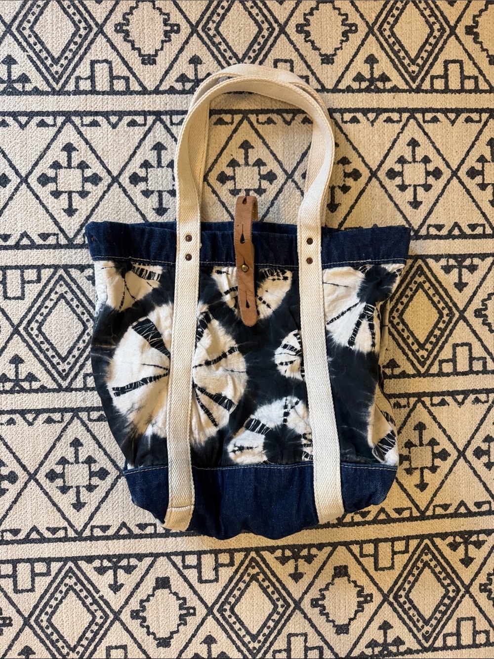 Hyena Tie-Dye Canvas Tote with Webbed Handles and Leather Closure - Navy & Cream